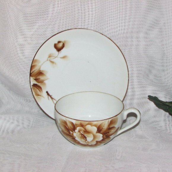 1940s Teacup Occupied Japan Hand Painted Cup & Saucer Brown ROne Sizee Vintage B - Picture 2 of 7
